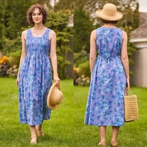 April Cornell Maritime Smocked Dress Floral Cottage Milkmaid Midi Pockets farm
